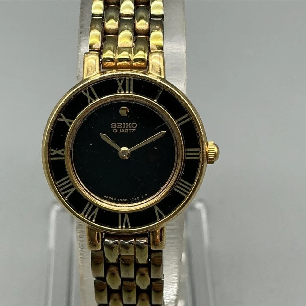 Vintage Seiko Womens Watch 21mm Black Dial Gold Tone 1N00-0D29 New Battery 6.5